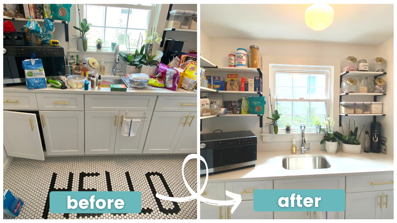 There is a before and after picture of a kitchen.