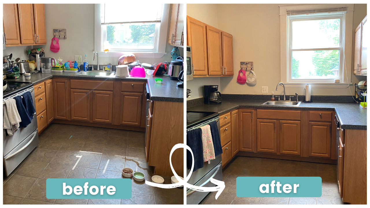 A before and after photo of a kitchen with wooden cabinets and granite counter tops.