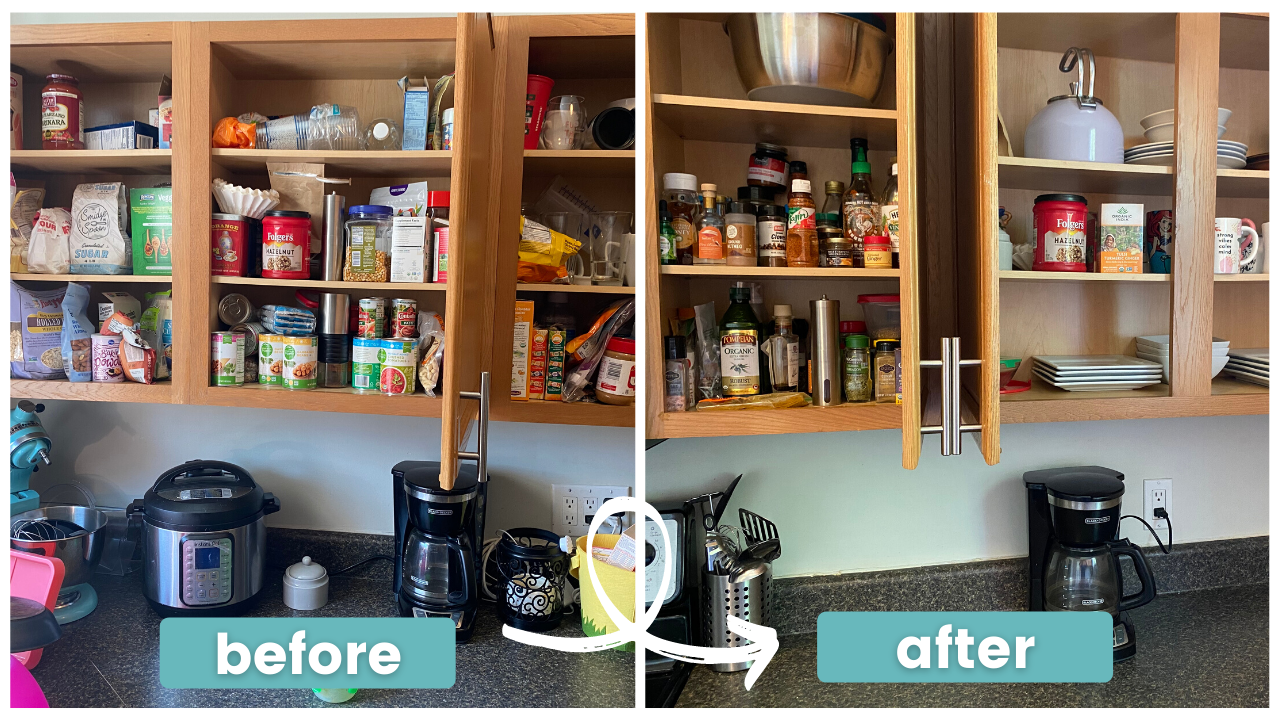 A before and after photo of a kitchen with a lot of food on the shelves.