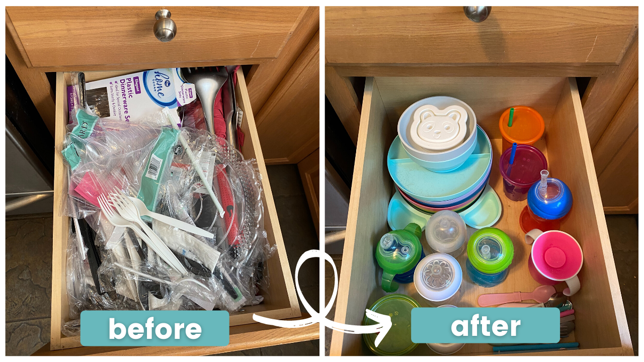 A before and after photo of a drawer filled with bottles and cups.