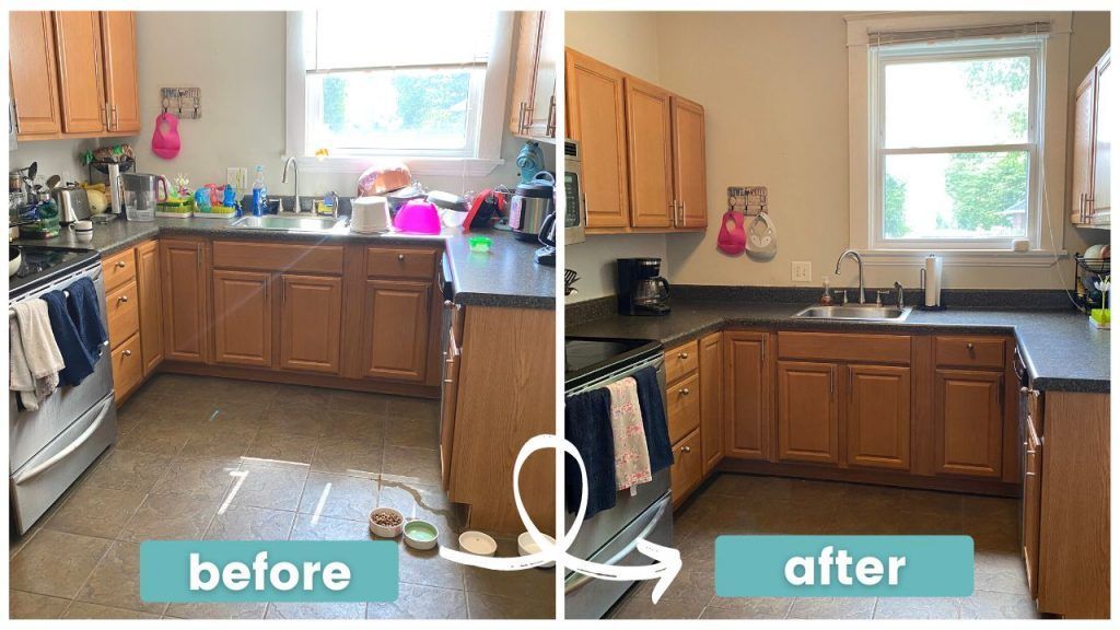 A before and after photo of a kitchen with wooden cabinets and granite counter tops. A before and after photo of a kitchen with wooden cabinets and granite counter tops.