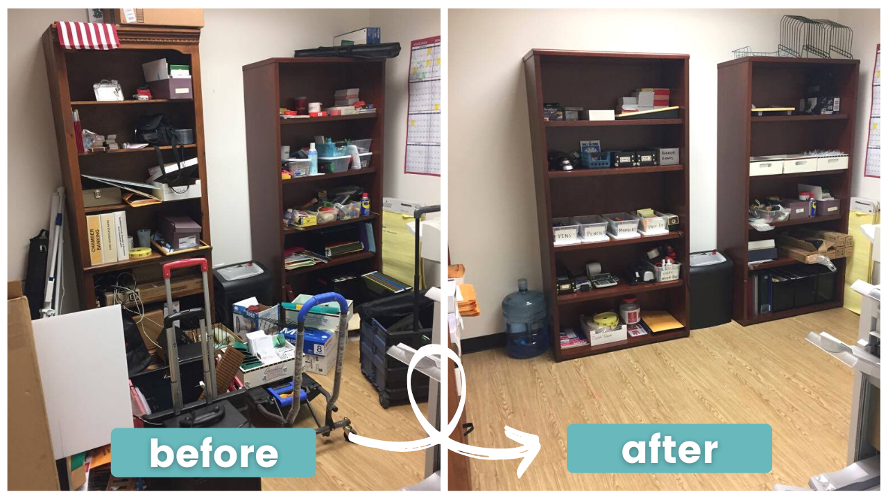 A before and after photo of a messy room with shelves.