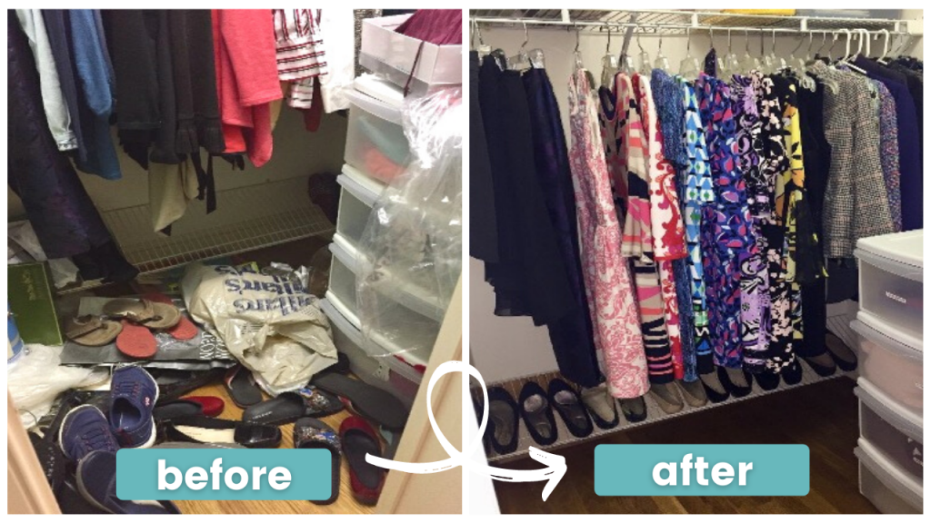 A before and after photo of a closet filled with clothes and shoes A before and after photo of a closet filled with clothes and shoes