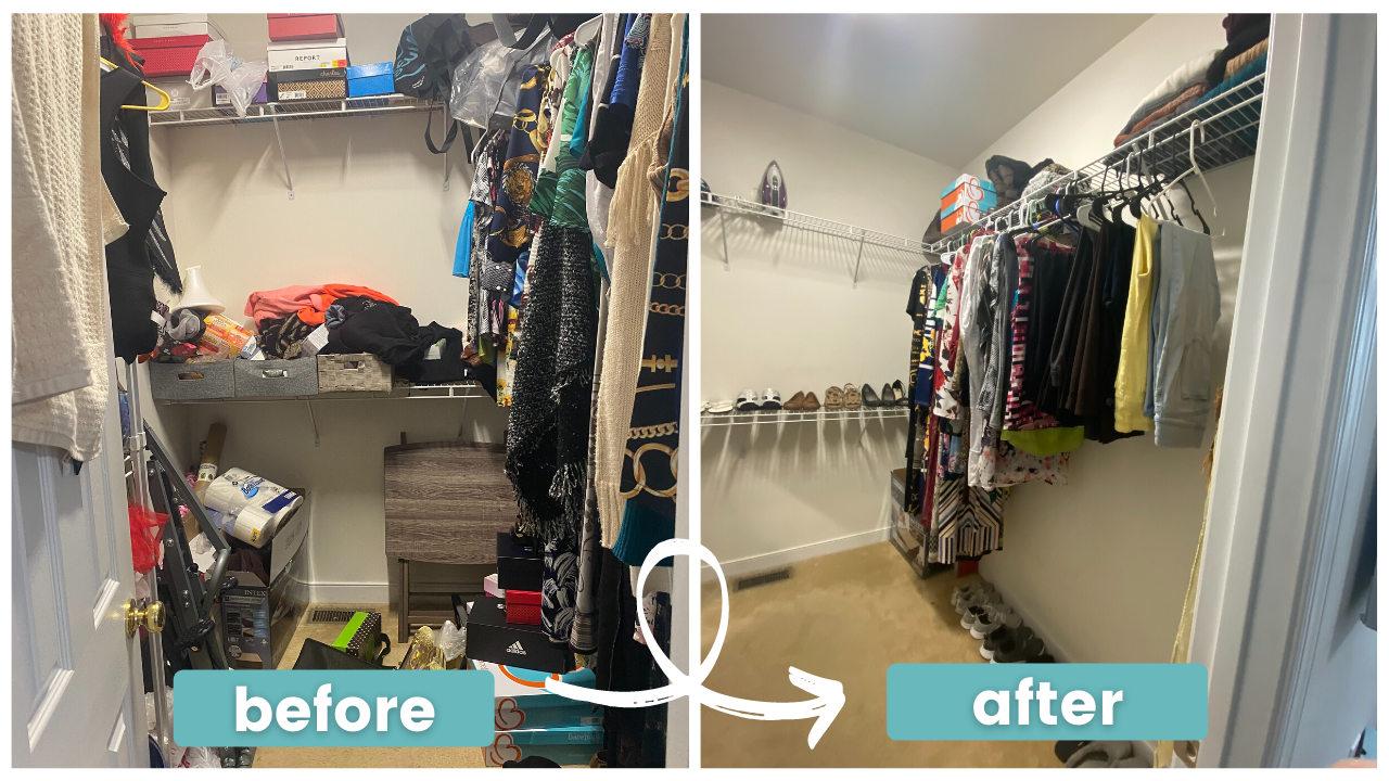 A before and after photo of a closet filled with clothes.