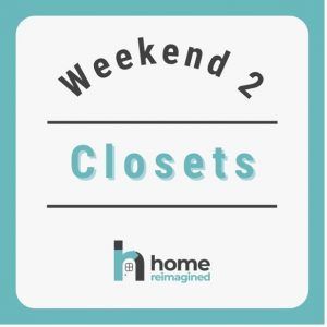 A blue and white sign that says weekend 2 closets A blue and white sign that says weekend 2 closets
