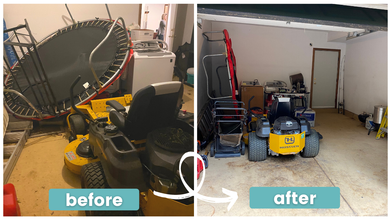 A before and after photo of a garage with a trampoline and a lawn mower.