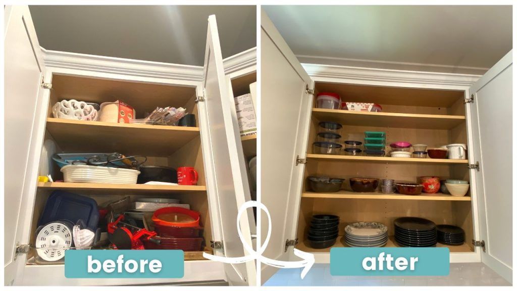 A before and after photo of a kitchen cabinet filled with dishes. A before and after photo of a kitchen cabinet filled with dishes.