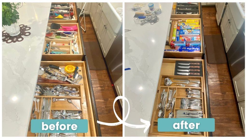 A before and after photo of a kitchen drawer filled with utensils. A before and after photo of a kitchen drawer filled with utensils.