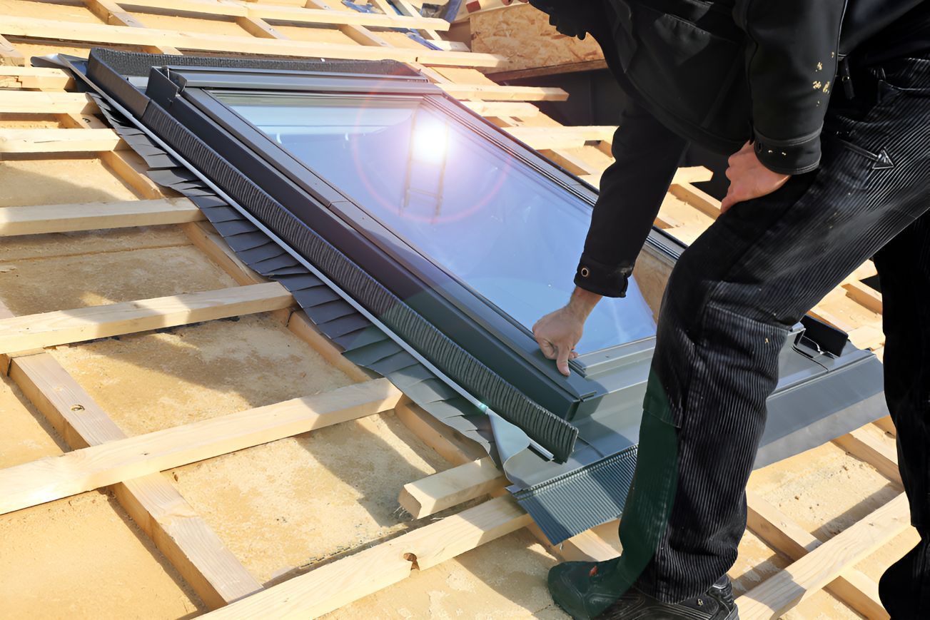 A Man is Installing a Skylight on the Roof of a Building — Goonellabah Roof Tilers In Evans Head, NSW