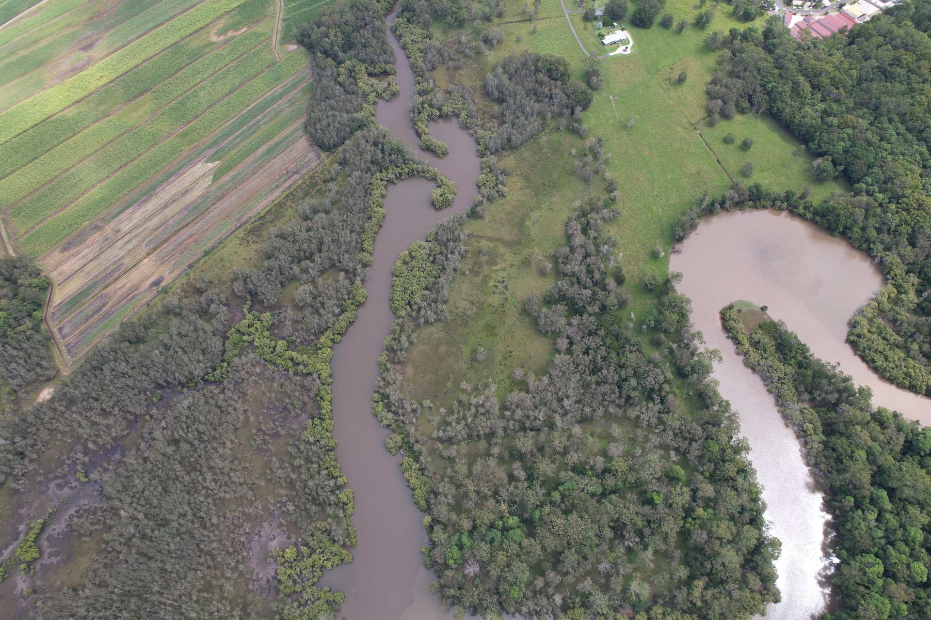 Aerial View of A Winding Muddy River Beside Green Fields and Dense Forest — Goonellabah Roof Tilers In Northern Rivers, NSW