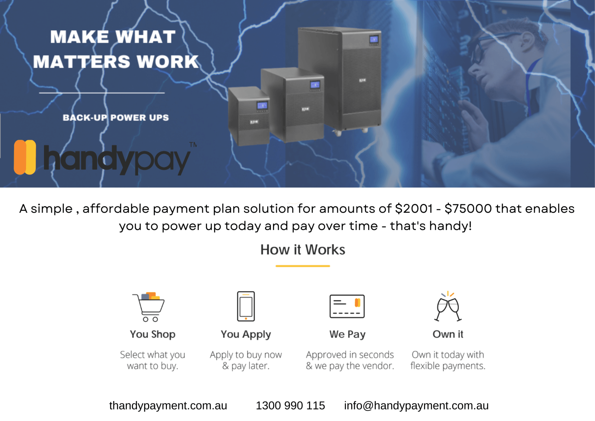 a flyer for handypay shows a man standing in front of a lightning bolt .