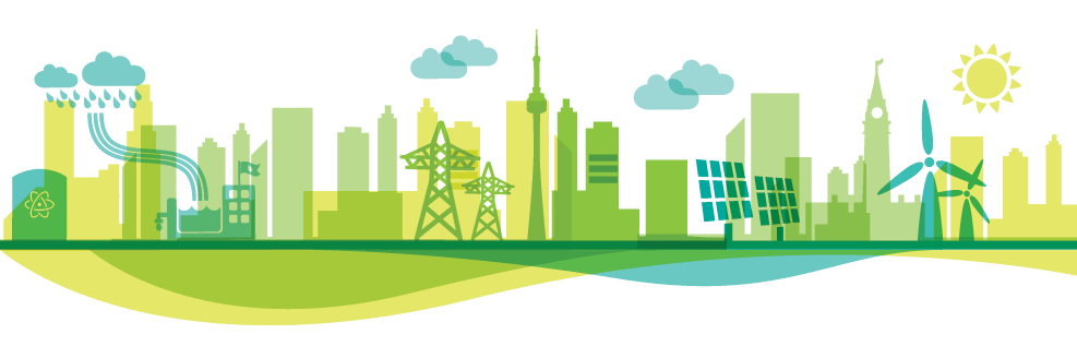 a silhouette of a city skyline with buildings , power lines , solar panels and windmills .