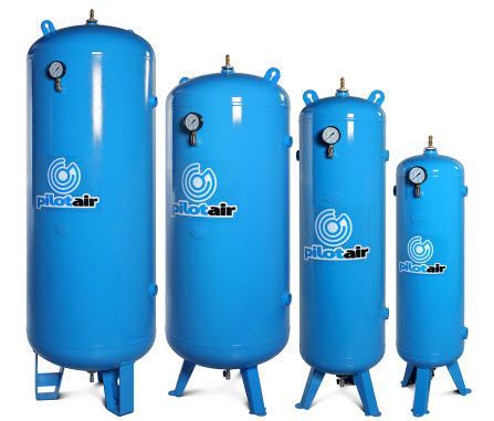 a group of blue air tanks with gauges on them .