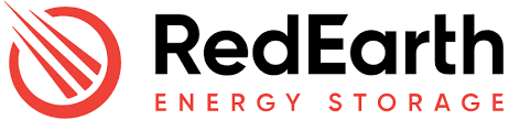 the logo for redearth energy storage is a red and black logo with a red circle in the middle .