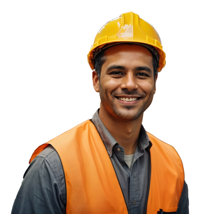 a man wearing a hard hat and an orange vest is smiling