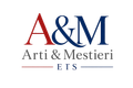 Logo per Arti & Mestieri Onlus con la scritta &ldquo;A&M&rdquo; rossa e blu sopra un testo grigio.