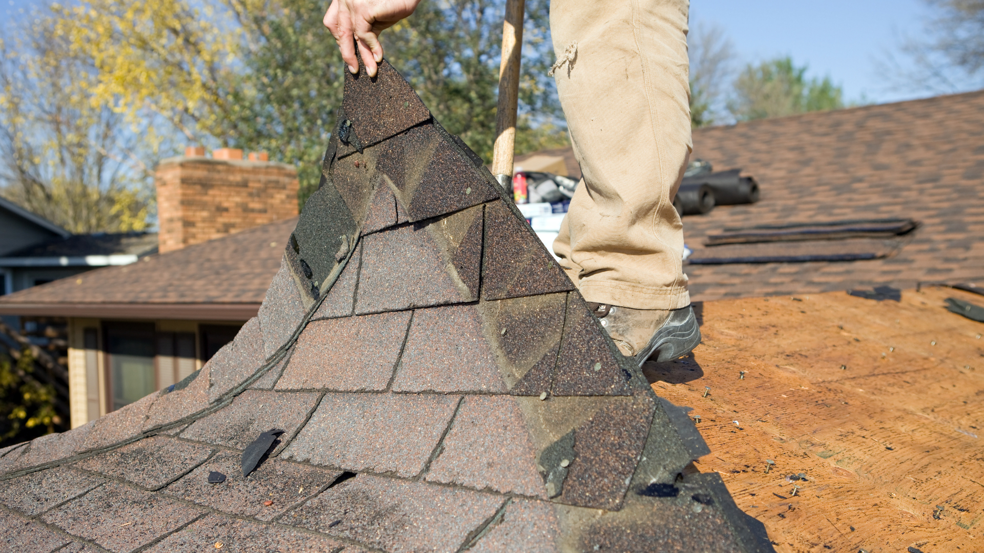 A worker in work pants stands on a residential roof, lifting a section of damaged asphalt shingles.