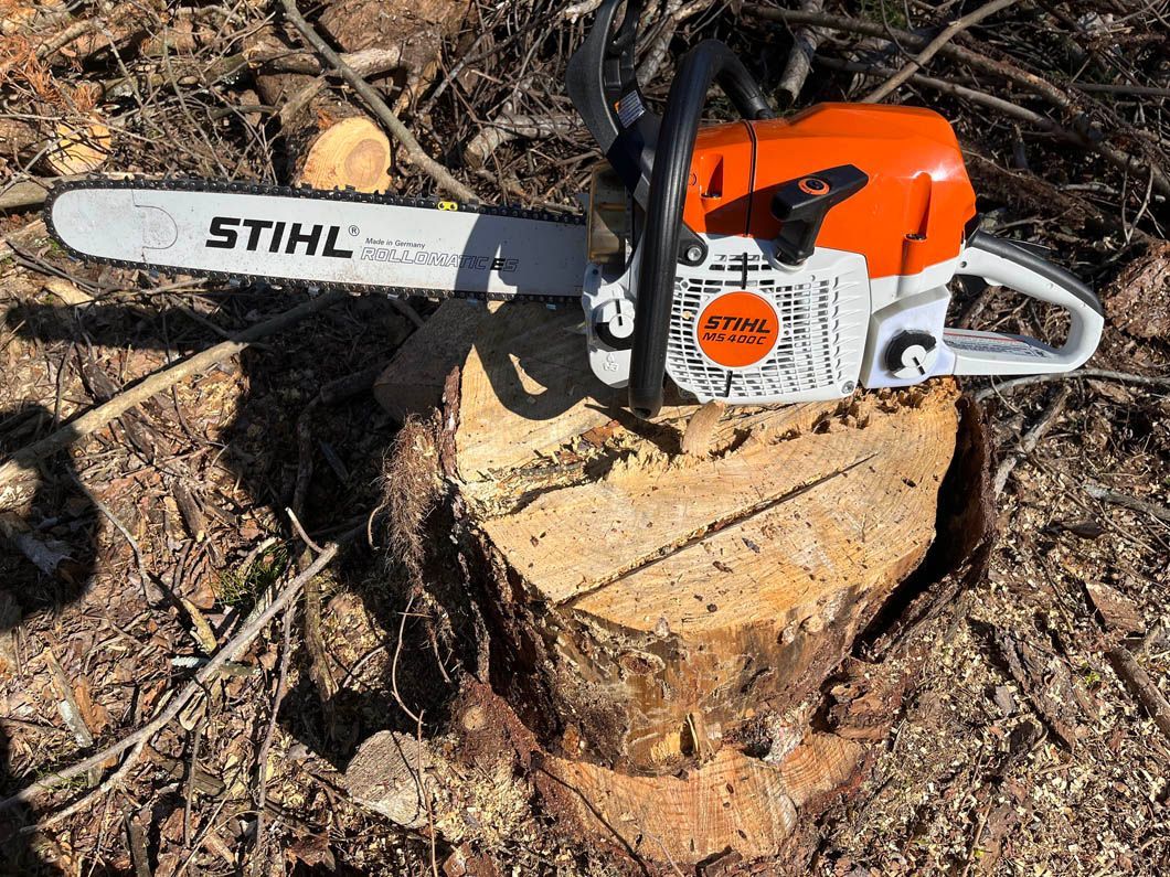 a stihl chainsaw is sitting on top of a tree stump .