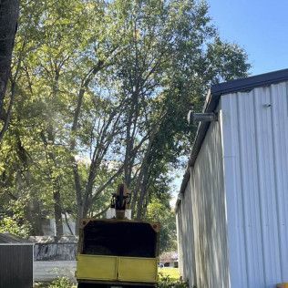 a tree chipper is cutting down a tree in front of a building .