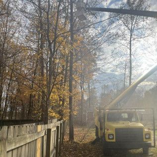 a yellow truck with a bucket on top of it is cutting trees .
