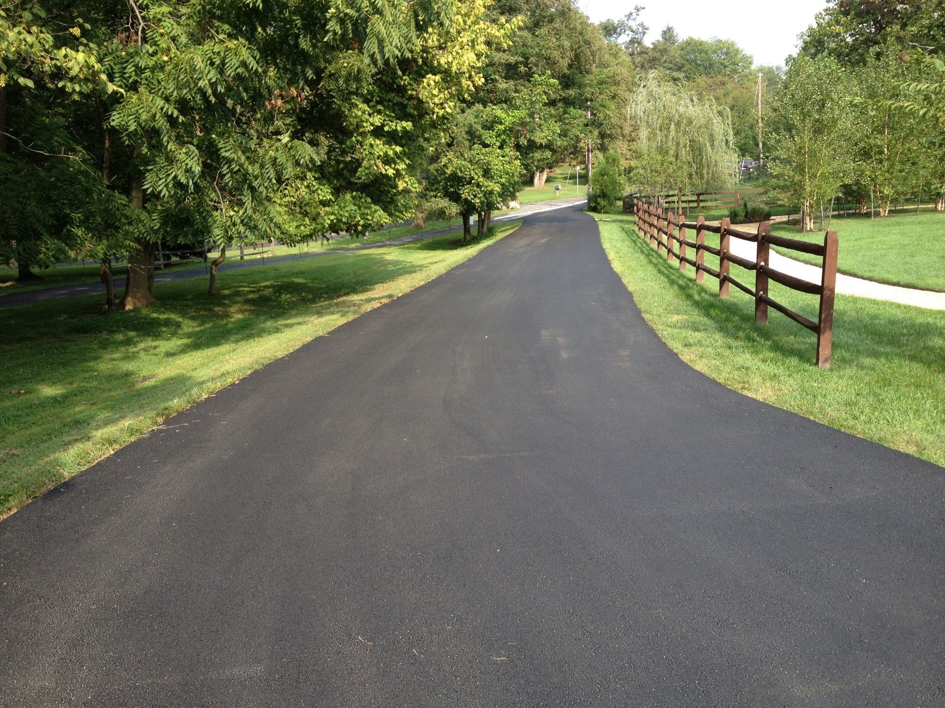 Paved road through green grass, trees and a wooden fence on the right.