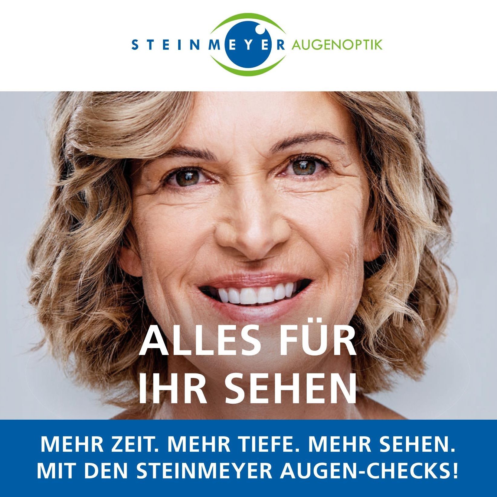 Eine Werbung für Steinmeyer Augenoptik zeigt eine lächelnde Frau