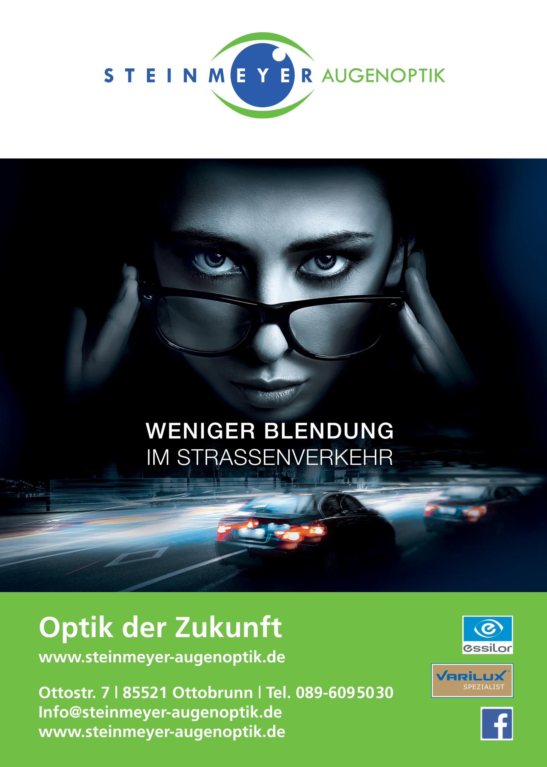 Ein Poster einer Frau mit Brille und einem Auto im Hintergrund.