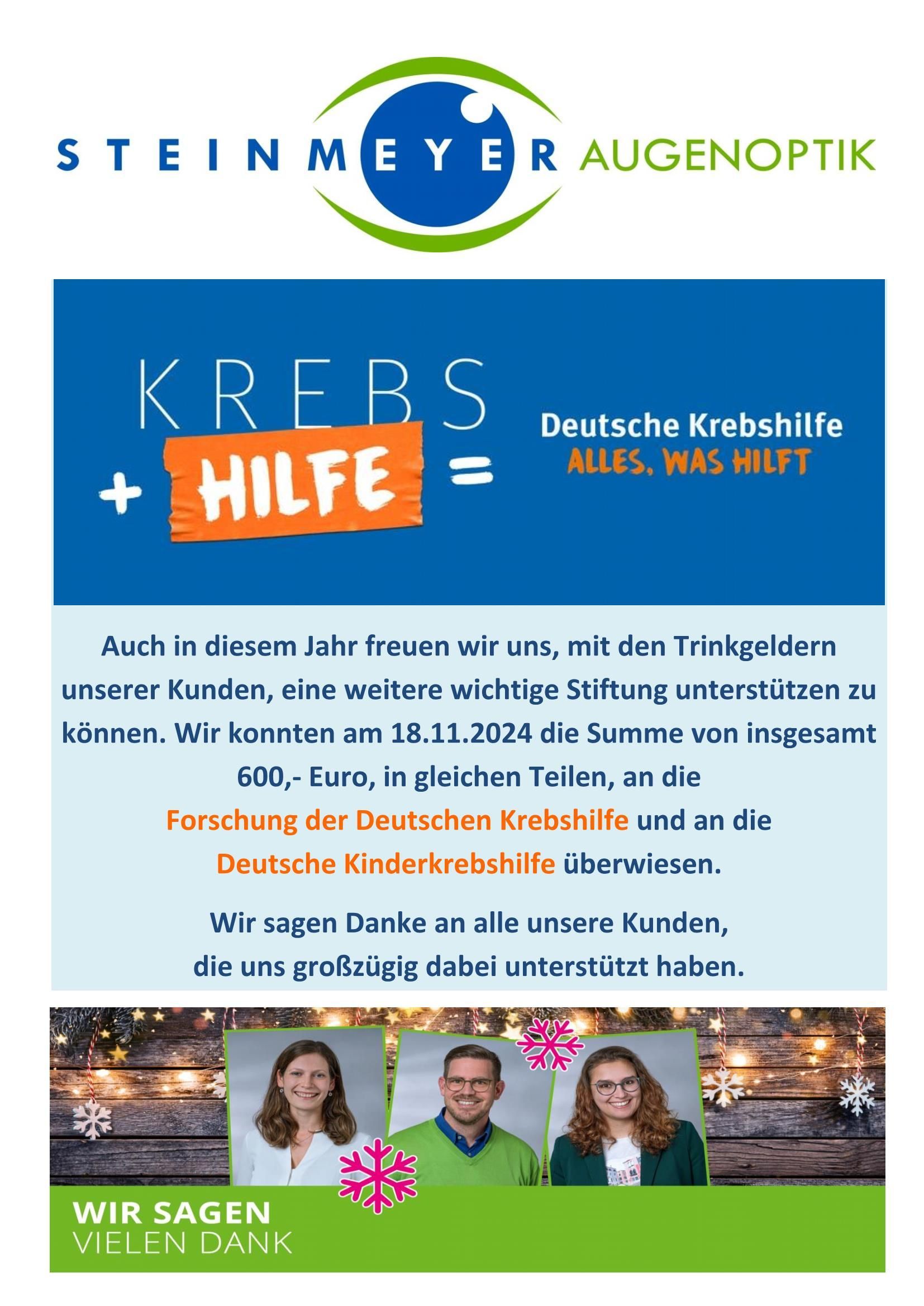 Eine Werbung für Steinmeyer Augenoptik mit drei Personen darauf