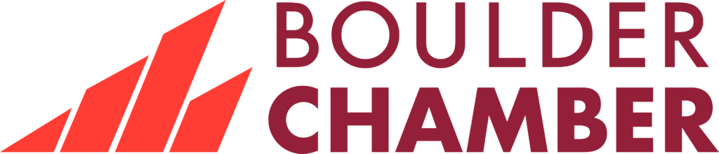 Boulder Chamber logo with red stylized mountain peaks and burgundy text on white background