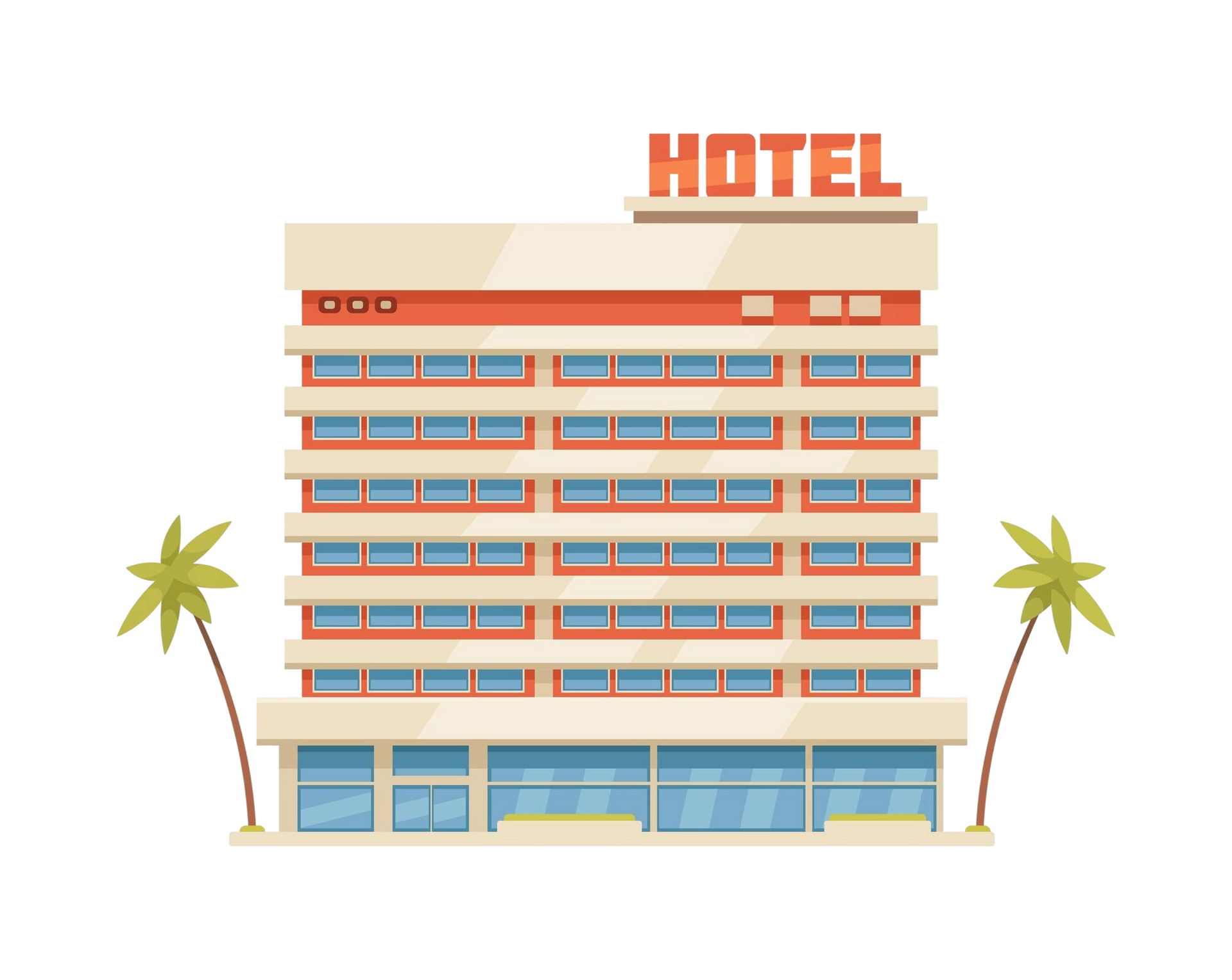 Stylized hotel building with orange sign and palm trees on both sides