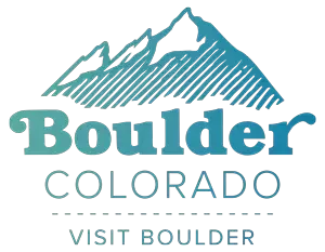 Boulder, Colorado visitor logo with teal mountain graphic and text “Visit Boulder”