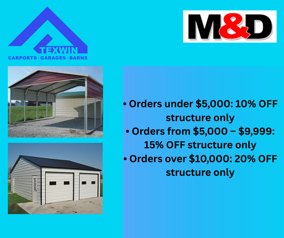 Texwin carports garage barns is offering a christmas promotion for orders under $ 5k.
