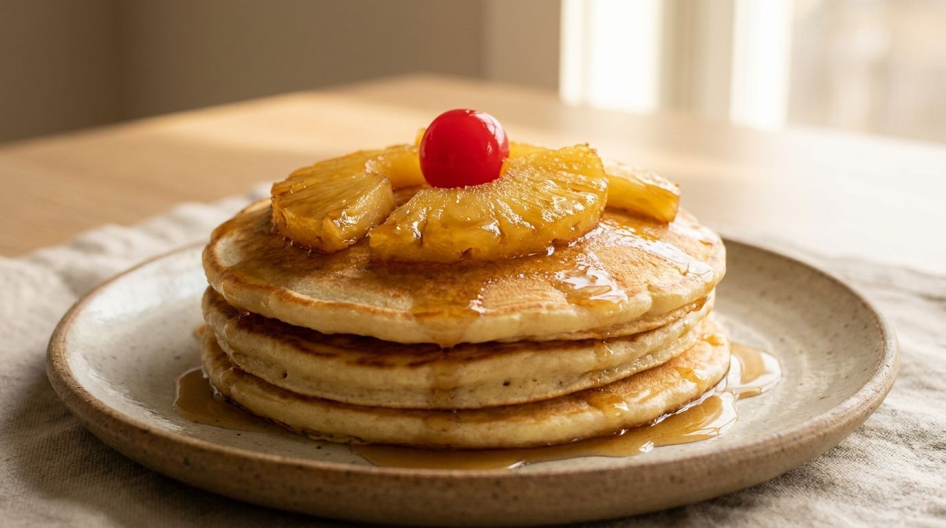 Stack of pancakes topped with pineapple slices and a cherry on a plate
