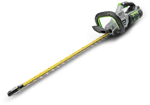 an ego  hedge trimmer is sitting on a white surface .