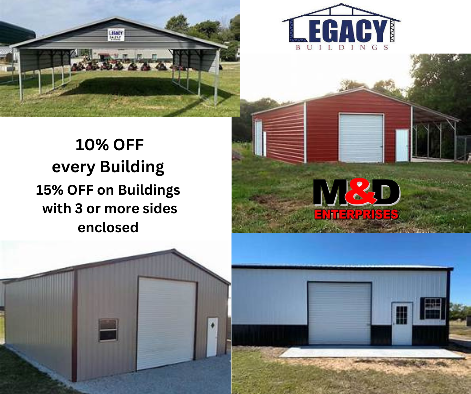 legacy buildings offers a 10 % off on all buildings with 3 or more sides enclosed