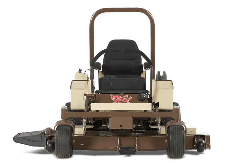 a brown and white lawn mower with a black seat