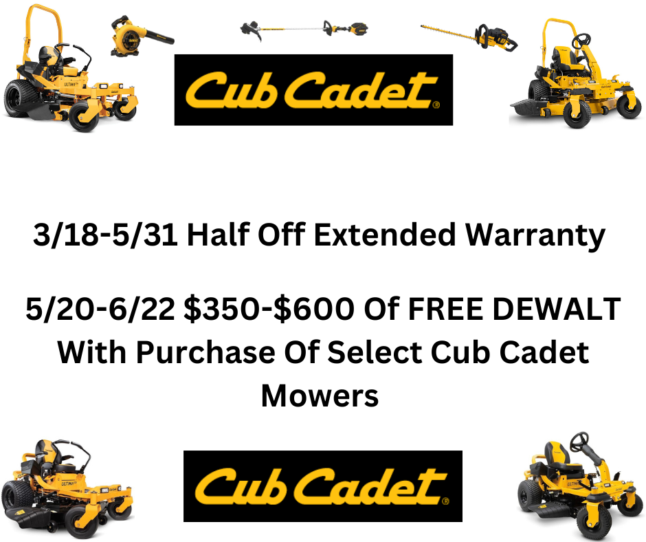A picture of a cub cadet lawn mower with current promotions