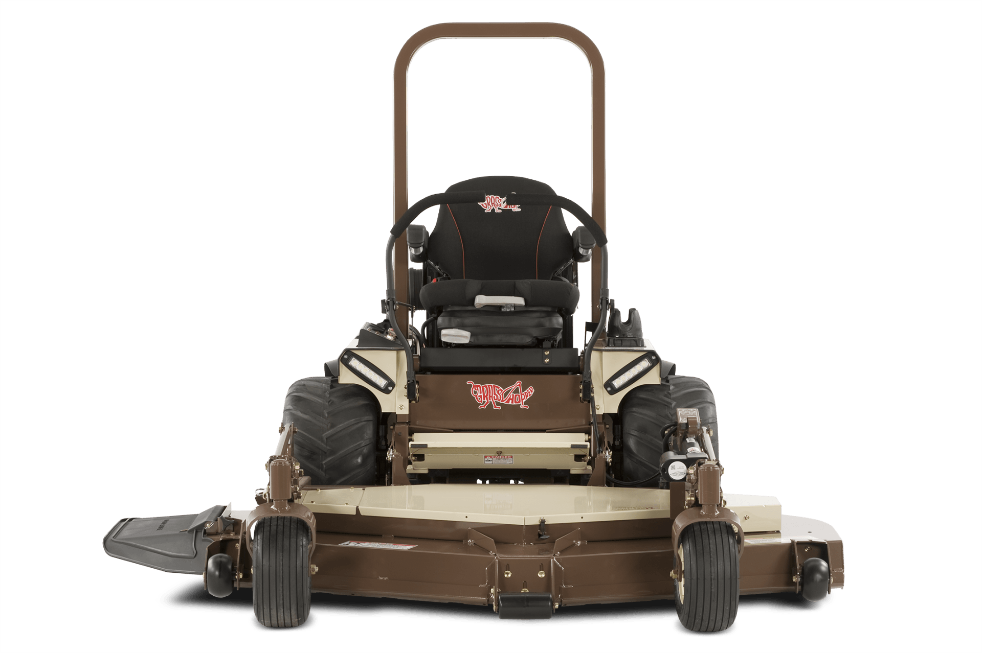 a brown and white lawn mower with a black seat