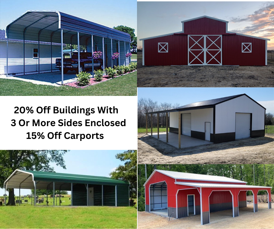 20 % off buildings with 3 or more sides enclosed 15 % off carports
