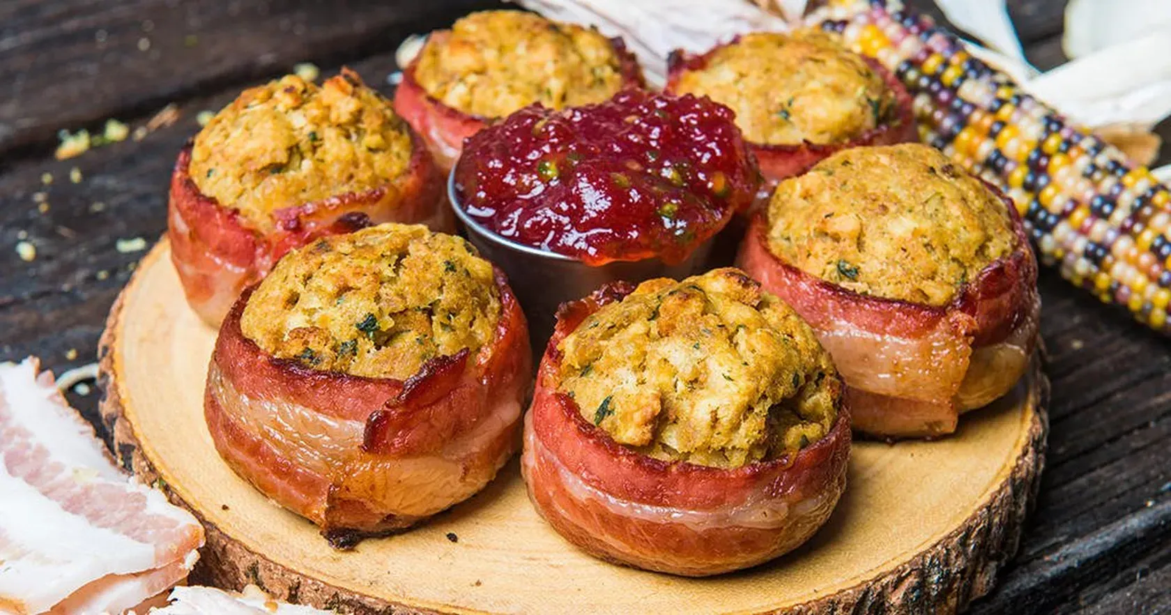 Bacon wrapped stuffing balls with cranberry sauce on a wooden cutting board.