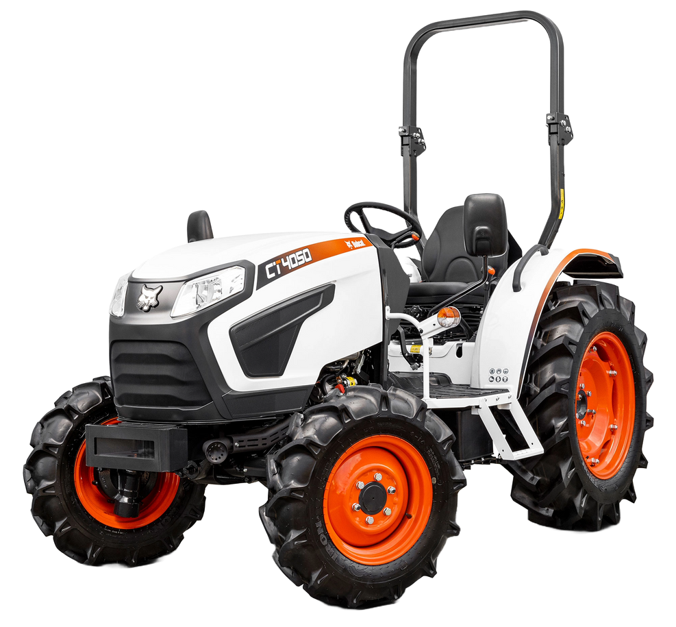 A white and orange tractor on a white background.