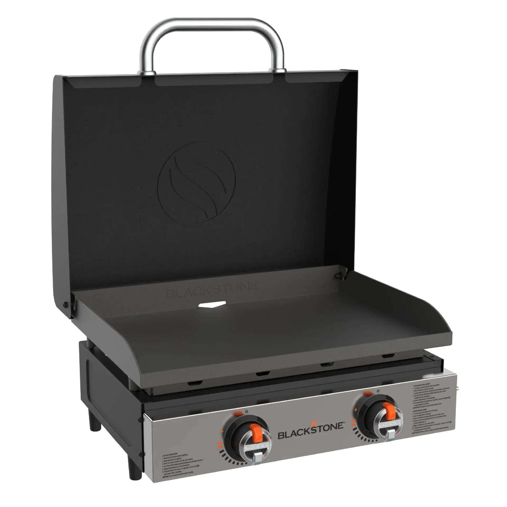 A portable grill with the lid open on a white background