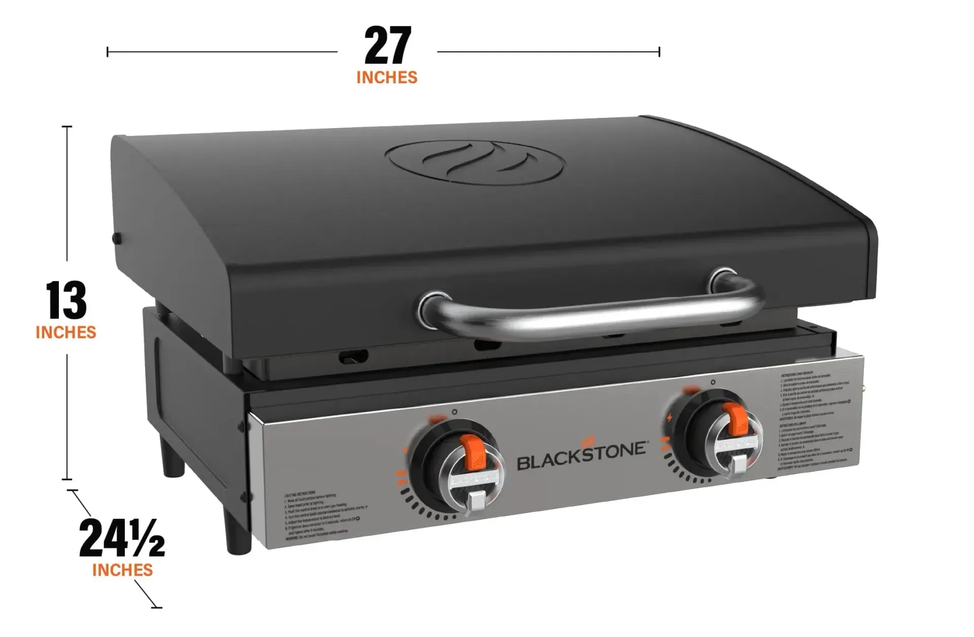 A portable grill with measurements on a white background.