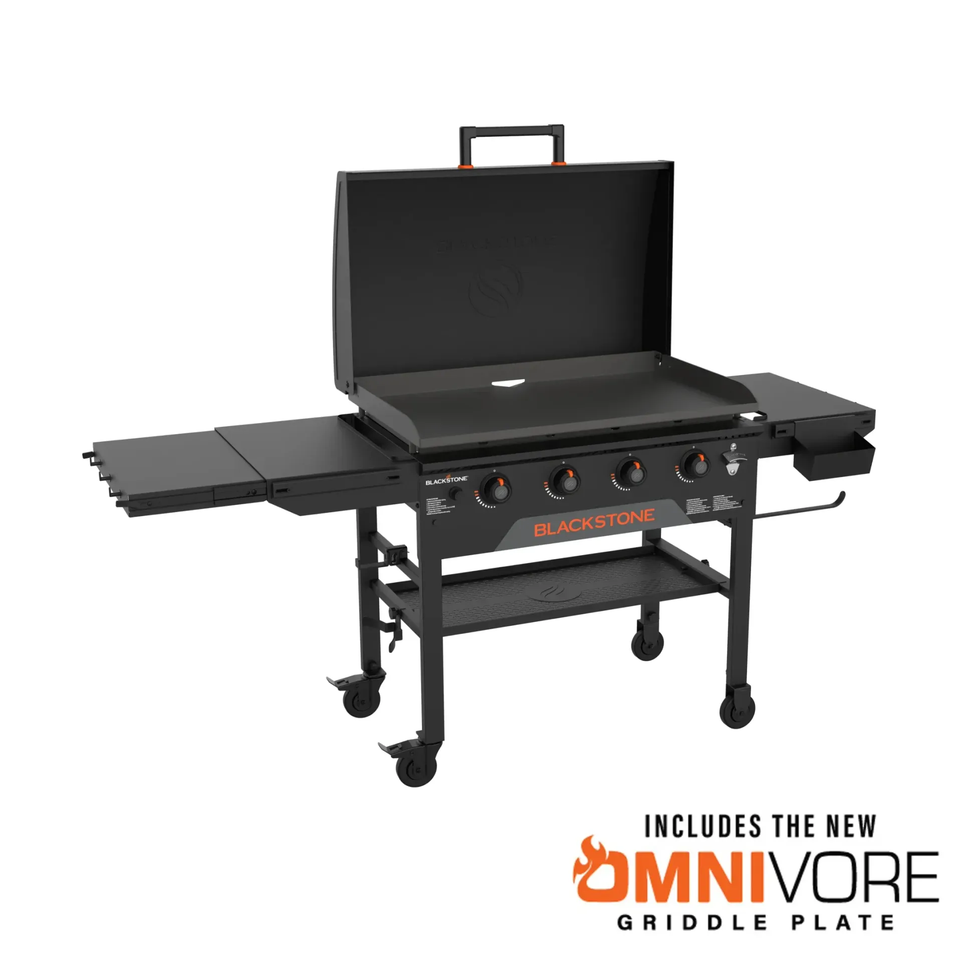 A black griddle grill with the lid open on a white background.