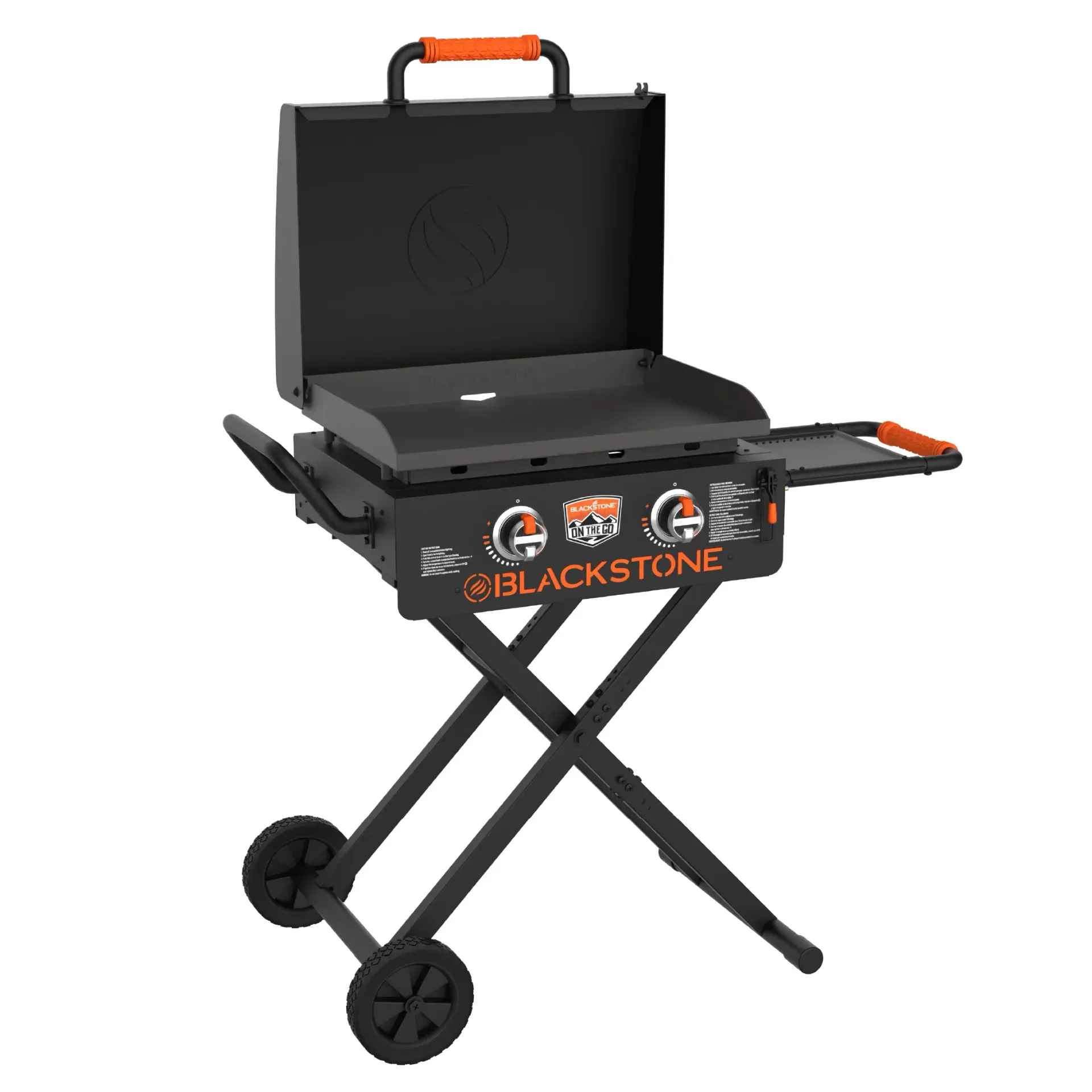 A black grill with wheels and a handle on a white background.