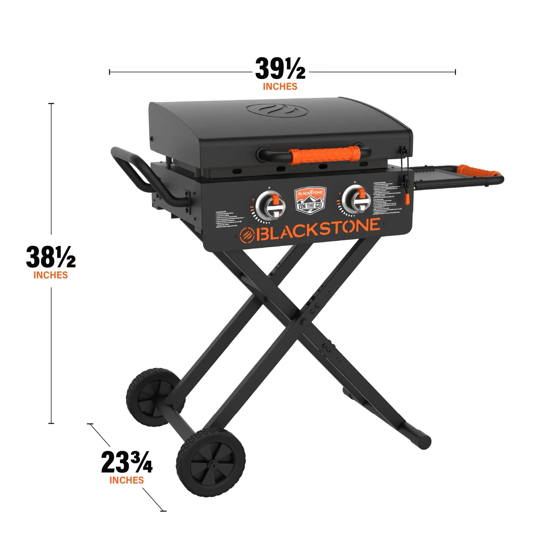 A blackstone portable grill with wheels and measurements on a white background.