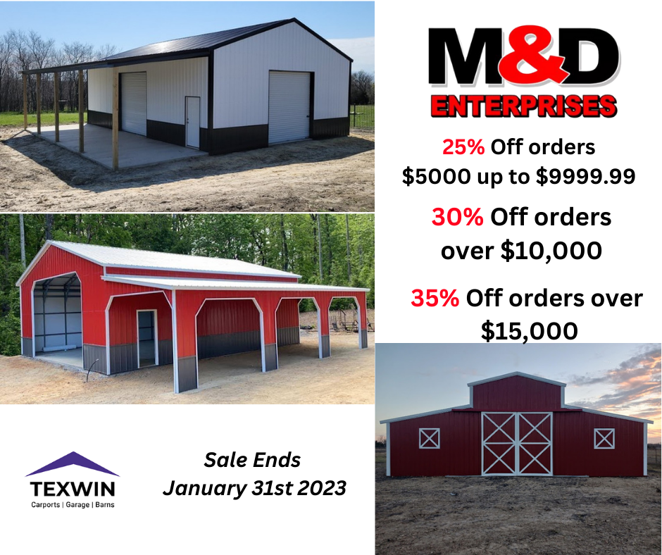an advertisement for m & d enterprises shows a red barn and a white garage