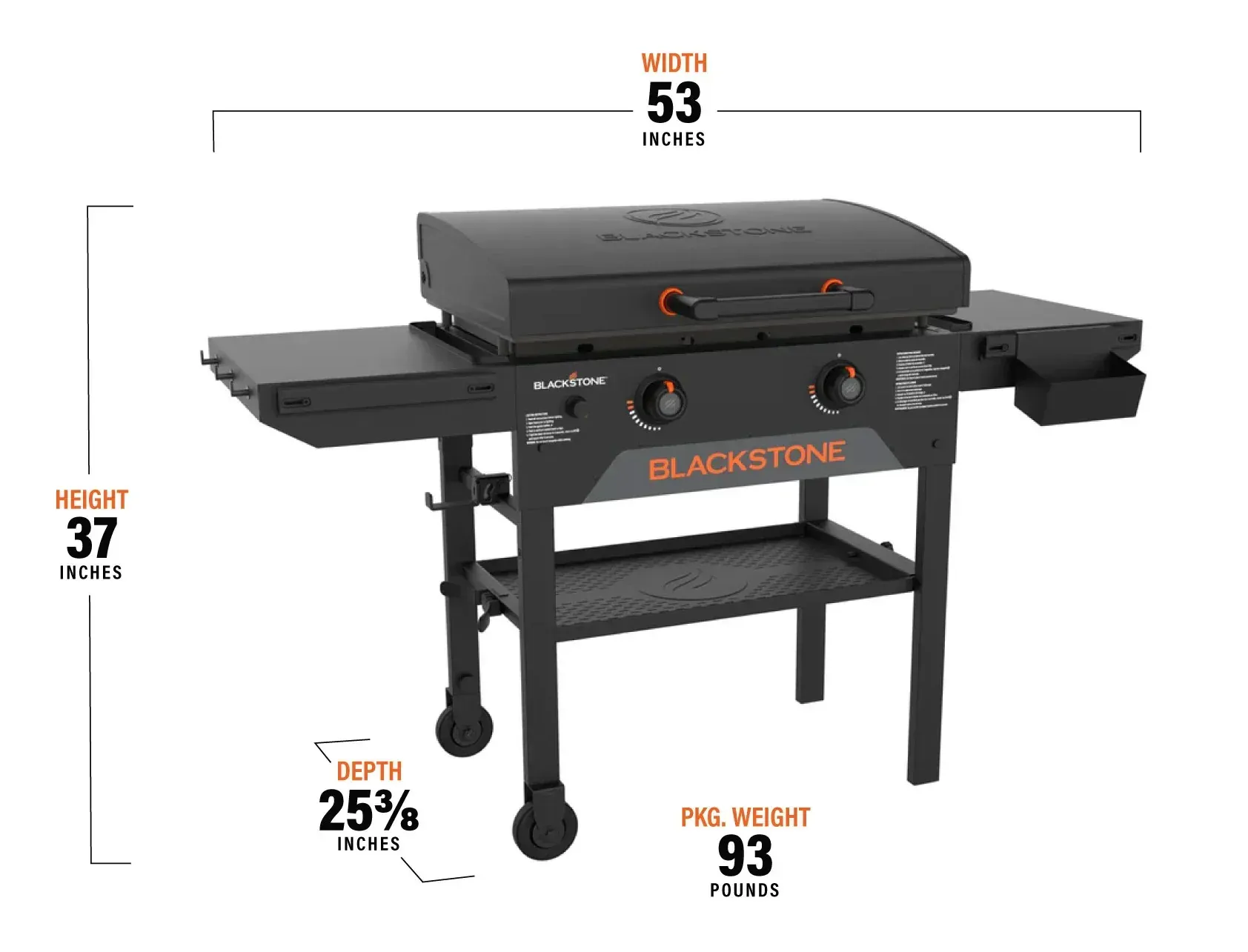 A blackstone grill with measurements on a white background.