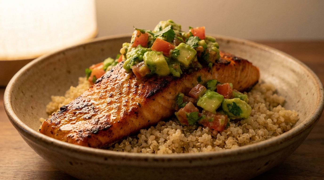 Grilled salmon over couscous with diced vegetable salsa in a shallow ceramic bowl