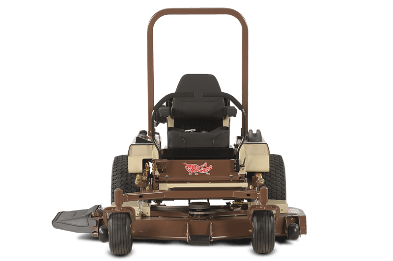 a brown lawn mower with a black seat and a red logo that says ' ruff ' on it